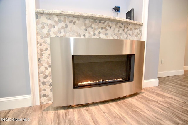 details featuring baseboards, wood finished floors, and a glass covered fireplace