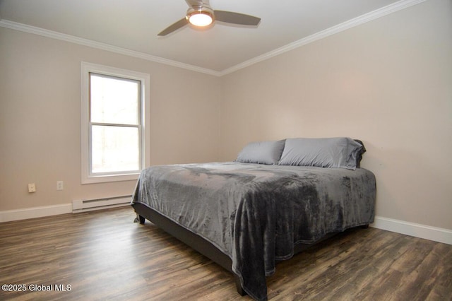 bedroom featuring a baseboard heating unit, crown molding, wood finished floors, and baseboards