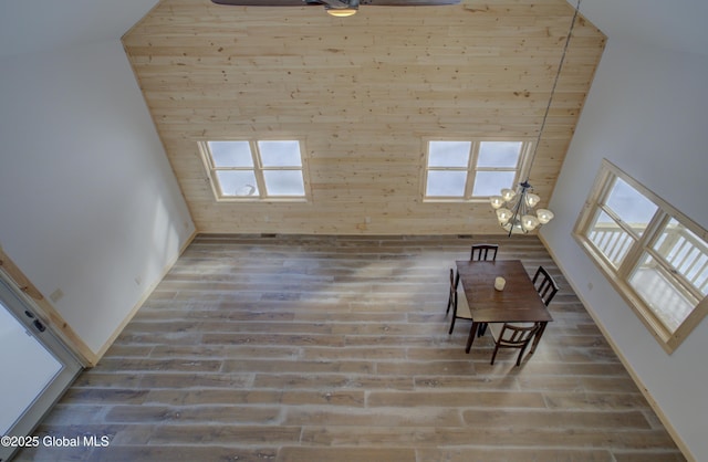 interior space featuring high vaulted ceiling and wood finished floors