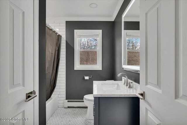 1263 Best Rd, East Greenbush, NY 12061 - full bath with vanity, crown molding, a baseboard heating unit, toilet, and shower / bath combo