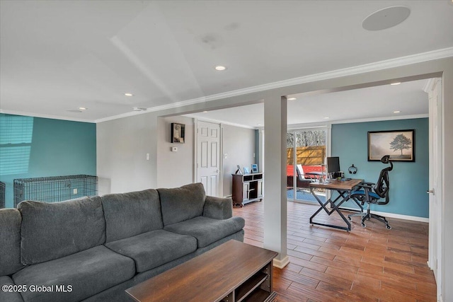 1263 Best Rd, East Greenbush, NY 12061 - living room featuring recessed lighting, ornamental molding, baseboards, and wood finished floors