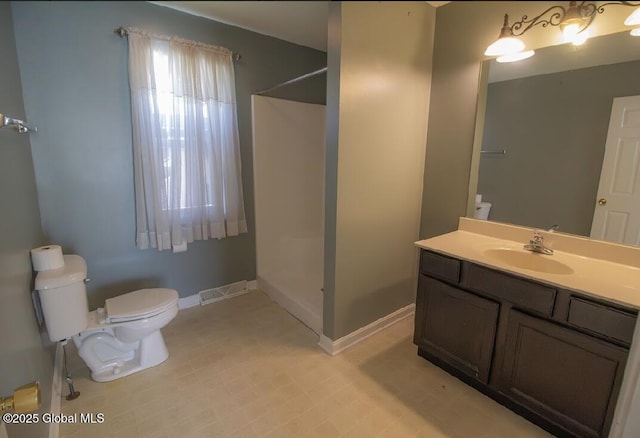 full bathroom with visible vents, toilet, and walk in shower