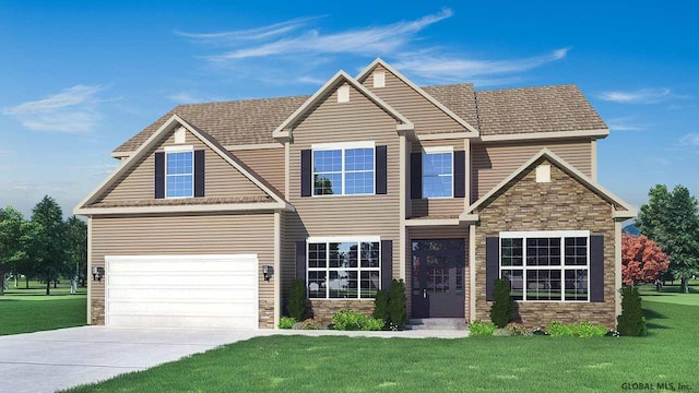 view of front of home with a front lawn, concrete driveway, roof with shingles, a garage, and stone siding