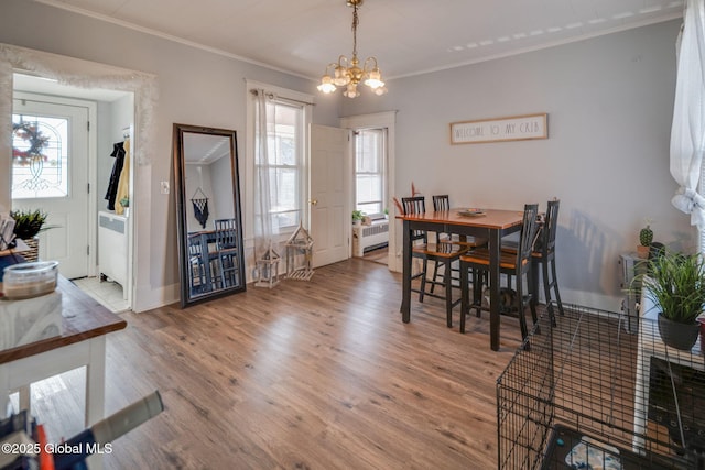 dining space featuring a chandelier, a healthy amount of sunlight, ornamental molding, and wood finished floors