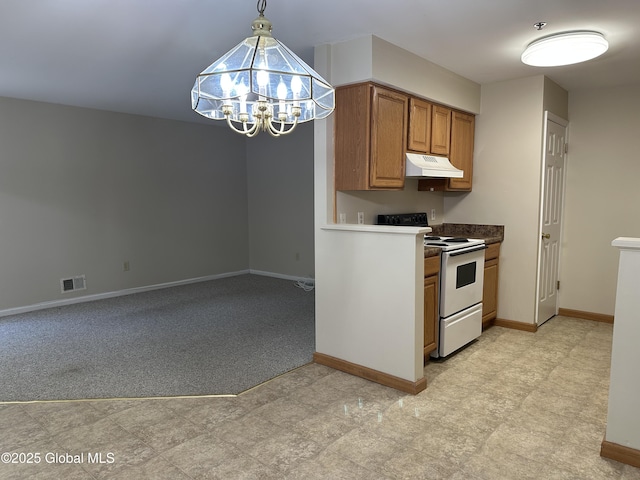 kitchen with visible vents, brown cabinets, white electric range, under cabinet range hood, and baseboards