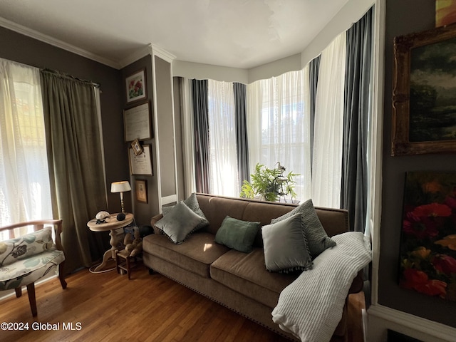 living room with wood finished floors and ornamental molding