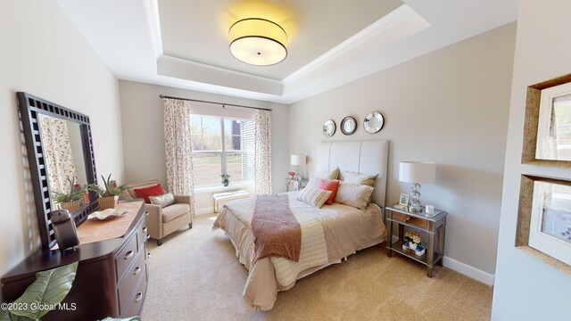 bedroom featuring light carpet, crown molding, a raised ceiling, and baseboards