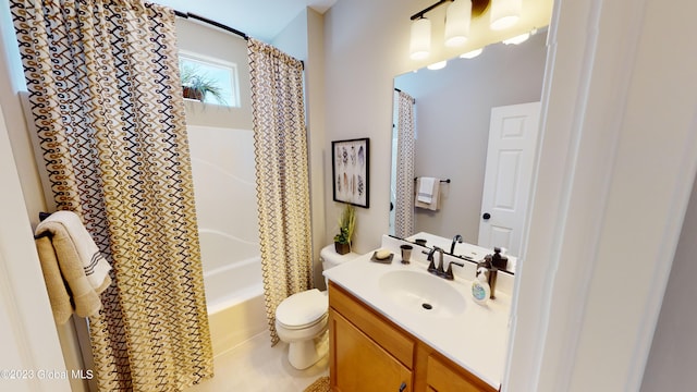 bathroom with shower / bath combo with shower curtain, toilet, and vanity