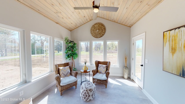 sunroom with a ceiling fan, lofted ceiling, wood ceiling, and a healthy amount of sunlight