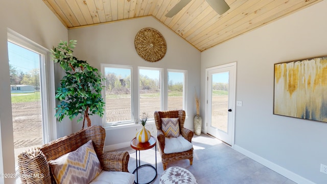 sitting room with baseboards, ceiling fan, wood ceiling, and lofted ceiling