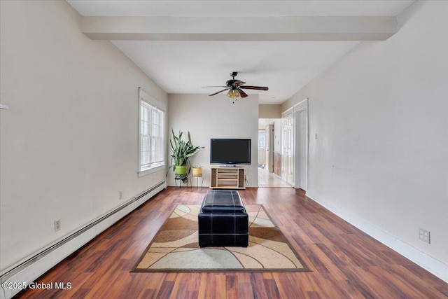 living room featuring beam ceiling, a baseboard heating unit, ceiling fan, and wood finished floors