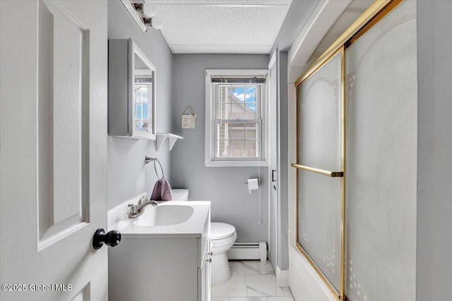 bathroom featuring vanity, a baseboard radiator, bath / shower combo with glass door, toilet, and marble finish floor