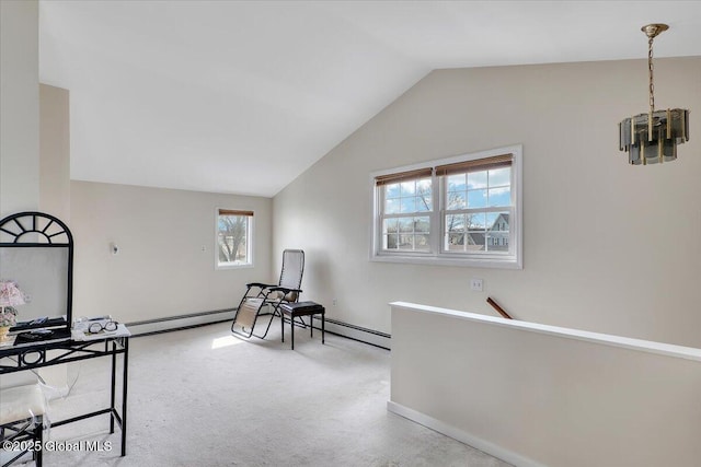 sitting room featuring carpet flooring, an inviting chandelier, and lofted ceiling