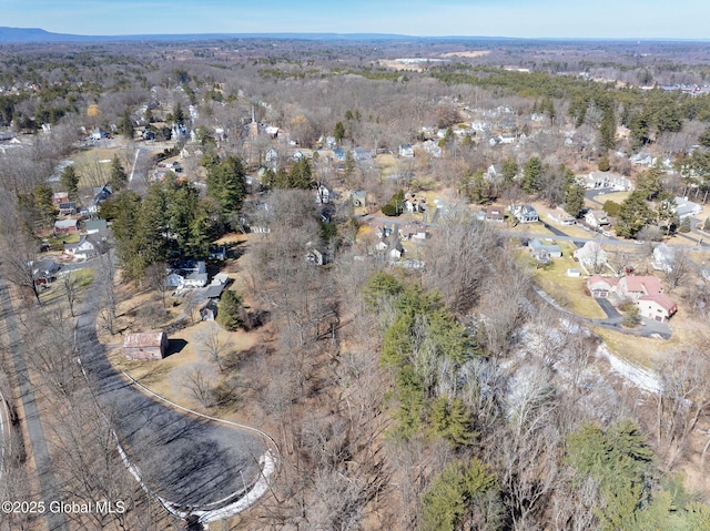 bird's eye view with a wooded view