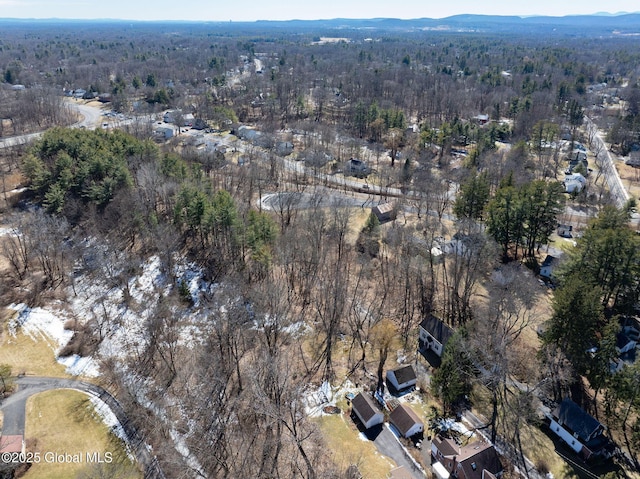 bird's eye view featuring a wooded view