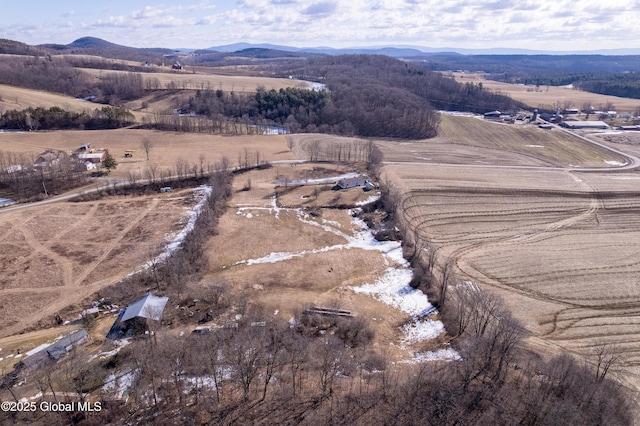 aerial view featuring a rural view and a mountain view