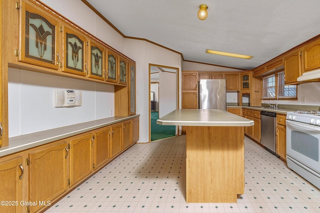 kitchen featuring ornamental molding, stainless steel appliances, brown cabinetry, lofted ceiling, and light floors