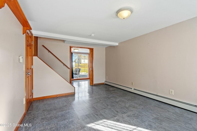 unfurnished room featuring stairway, a baseboard heating unit, and baseboards