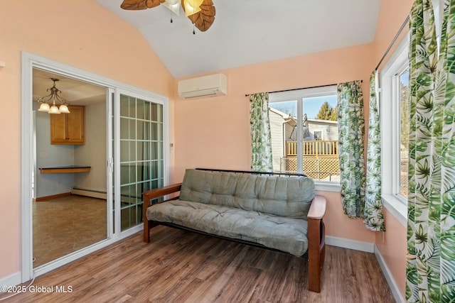 sunroom / solarium with ceiling fan with notable chandelier, an AC wall unit, and vaulted ceiling