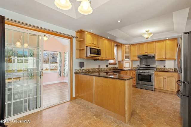 kitchen featuring baseboards, a peninsula, stainless steel appliances, under cabinet range hood, and a raised ceiling