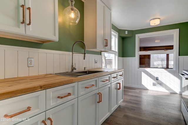 kitchen featuring a wainscoted wall, butcher block counters, dark wood-style floors, white cabinetry, and a sink