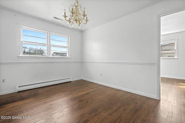 unfurnished room featuring a wealth of natural light, a baseboard heating unit, an inviting chandelier, and wood finished floors