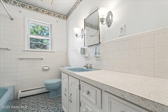 full bathroom featuring a washtub, toilet, baseboard heating, tile walls, and a shower