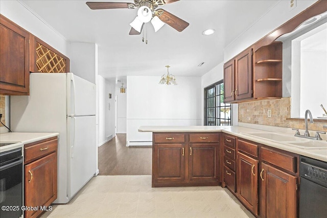 kitchen featuring a peninsula, open shelves, a sink, black dishwasher, and electric stove