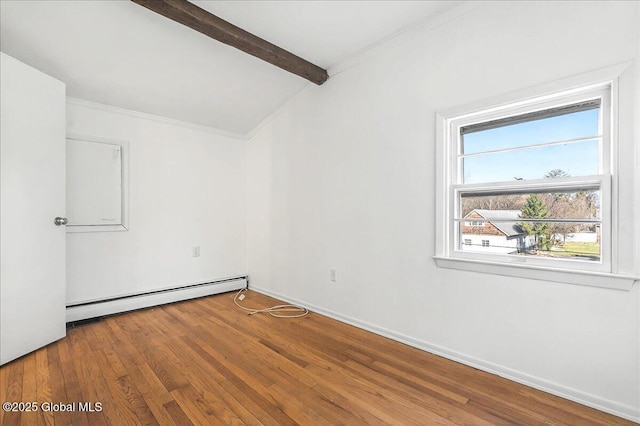 empty room with baseboards, baseboard heating, wood finished floors, and vaulted ceiling with beams