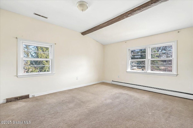 carpeted spare room with lofted ceiling with beams, visible vents, baseboards, and baseboard heating