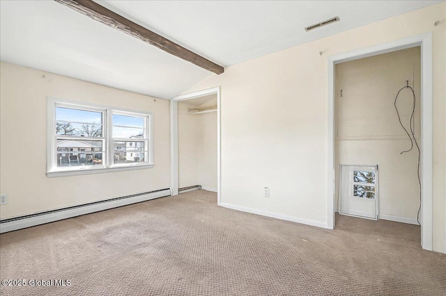 unfurnished room with baseboards, visible vents, carpet floors, vaulted ceiling with beams, and baseboard heating