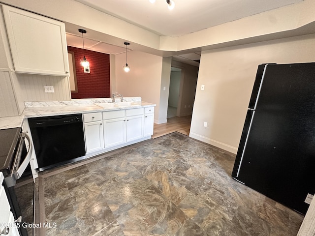 1 S Main St, Voorheesville, NY 12186 - kitchen featuring black appliances, white cabinets, a peninsula, and hanging light fixtures