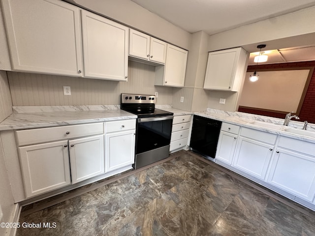 1 S Main St, Voorheesville, NY 12186 - kitchen featuring stainless steel electric stove, black dishwasher, white cabinets, stone finish floors, and light stone countertops