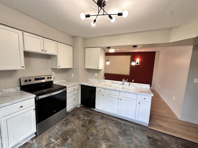 1 S Main St, Voorheesville, NY 12186 - kitchen featuring stainless steel electric range, dishwasher, white cabinets, a chandelier, and a peninsula