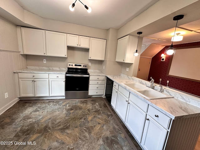 1 S Main St, Voorheesville, NY 12186 - kitchen with stainless steel electric range, black dishwasher, white cabinetry, a peninsula, and hanging light fixtures