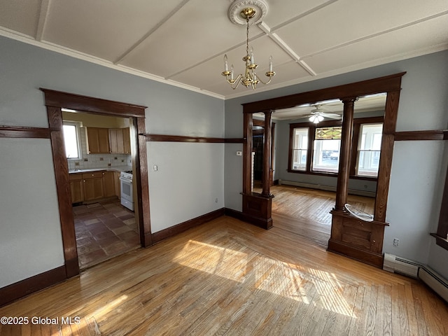 unfurnished dining area with light wood-style flooring, ornamental molding, decorative columns, baseboards, and baseboard heating