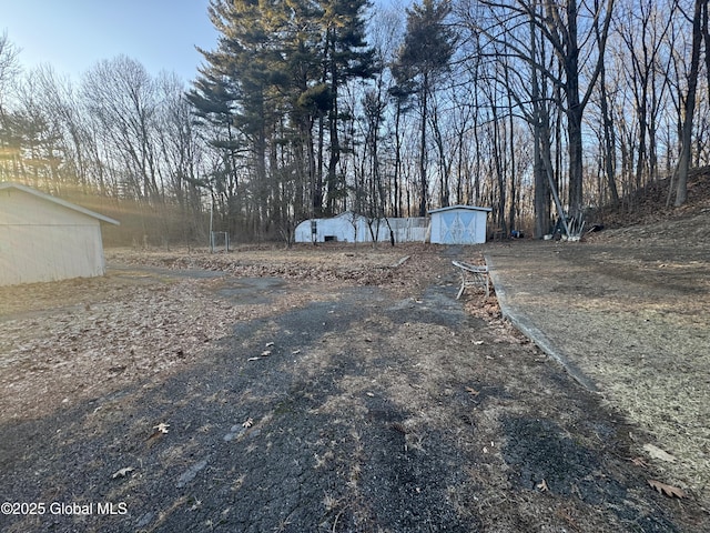 view of yard featuring an outbuilding and a storage shed