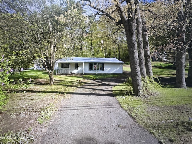 view of front facade featuring a front lawn, a porch, and driveway