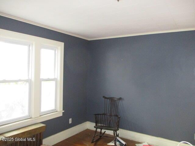 living area with baseboards and ornamental molding