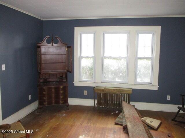 interior space with a wealth of natural light, radiator, wood finished floors, and crown molding