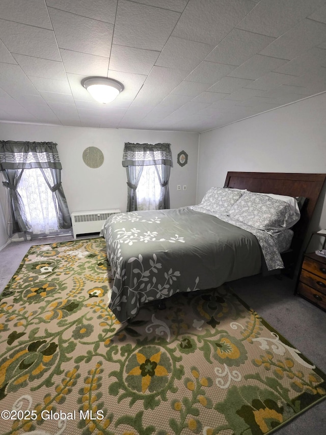 bedroom featuring radiator heating unit and carpet