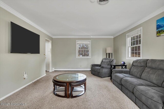 carpeted living area with a baseboard heating unit, baseboards, visible vents, and ornamental molding