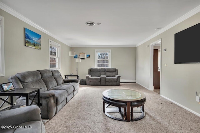 carpeted living room with visible vents, baseboards, ornamental molding, and a baseboard radiator