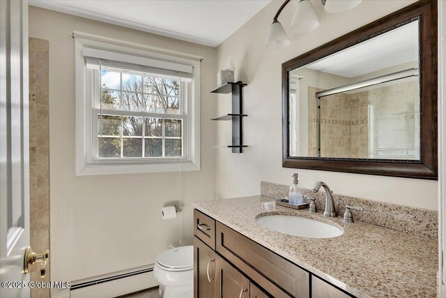 full bathroom with a shower with shower door, toilet, vanity, and a baseboard radiator