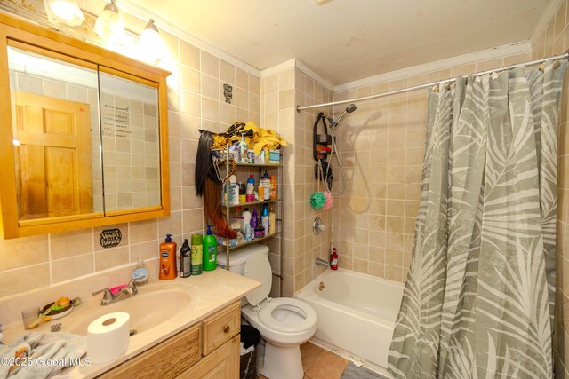 full bath with tile walls, toilet, shower / bath combo with shower curtain, decorative backsplash, and vanity