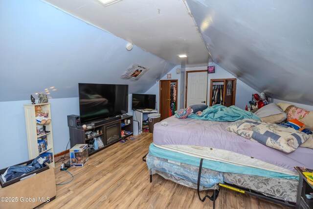 bedroom with lofted ceiling, wood finished floors, and a closet