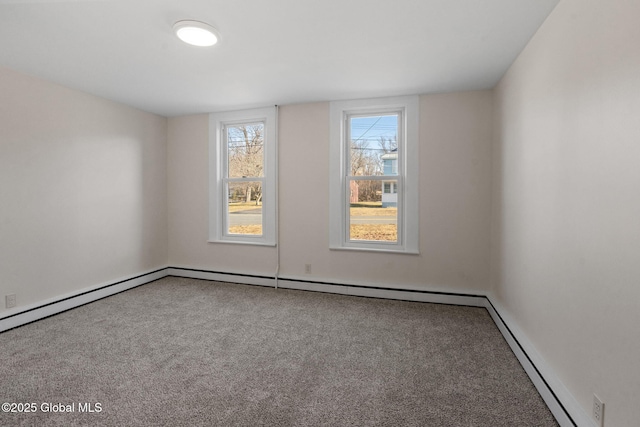 carpeted empty room with a baseboard radiator