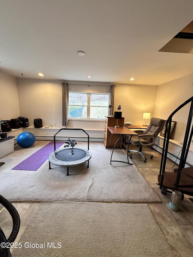 workout area featuring carpet flooring and recessed lighting