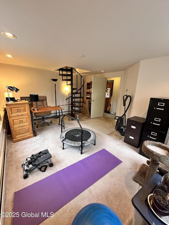 workout area with recessed lighting and carpet