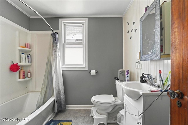 full bathroom with vanity, baseboards, shower / bath combo, crown molding, and toilet